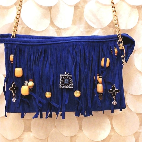 Fringed CROSSBODY BLUE Purse Clutch w Chain Charm Enamel Flower Charm - Picture 1 of 13
